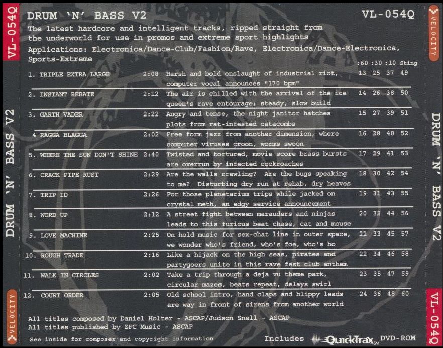 Back of a 90s Drum n Bass Comp with vivid descripters of the audio