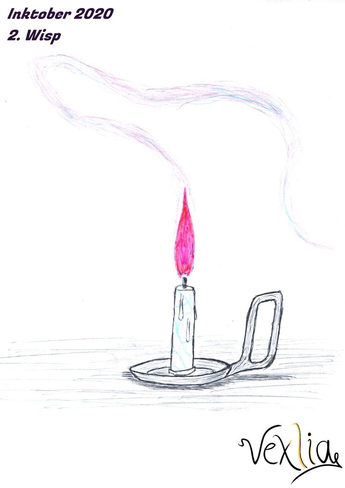 Burning candle in candle-holder. Smoke from it trails in colorful mix.