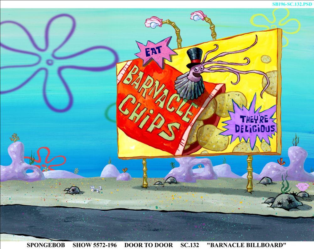 A painting of the 'barnacle chips' sign from the chocolate with nuts episode of spongebob.