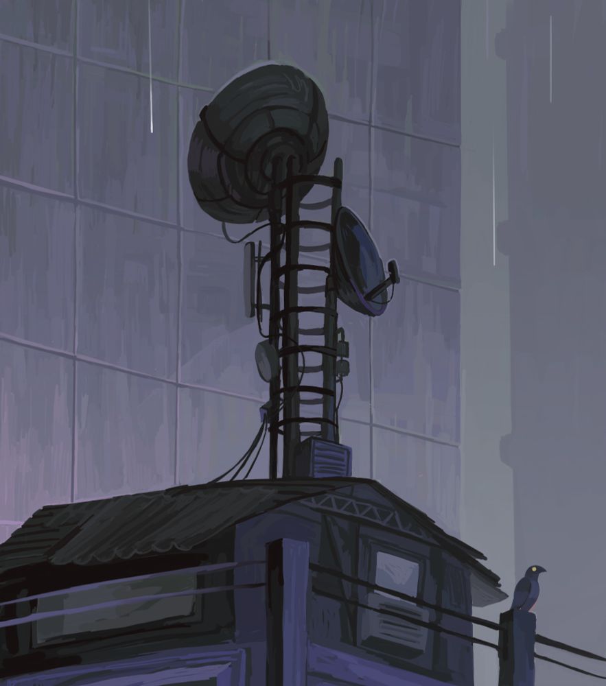 A digital painting of the top of a building, focusing on a hut with a satellite nest on top, and a raven perched on a balcony. The building is surrounded by taller ones, and its starting to rain. 