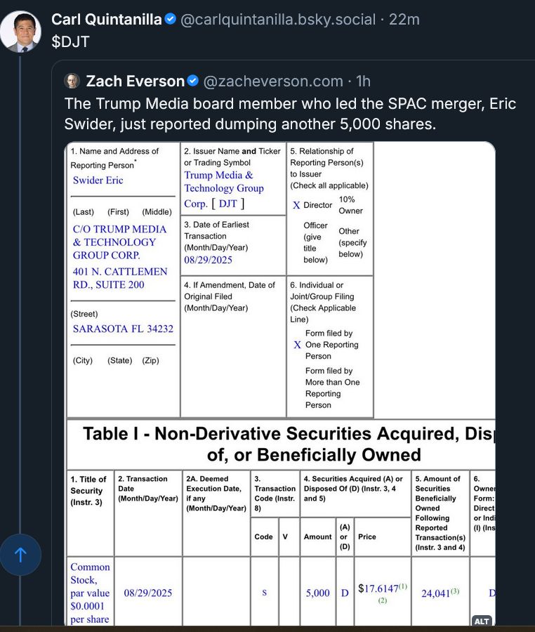 Screen grab of a securities disclosure showing that Trump Media board member Eric Swider just reported dumping another 5,000 shares of Trump Media