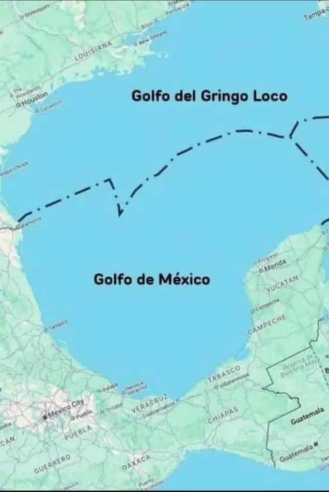 Illustration of mapped Gulf of Mexico with a dividing line. Top half reads Golfo del Gringo Loco and bottom half reads Golfo de Mexico