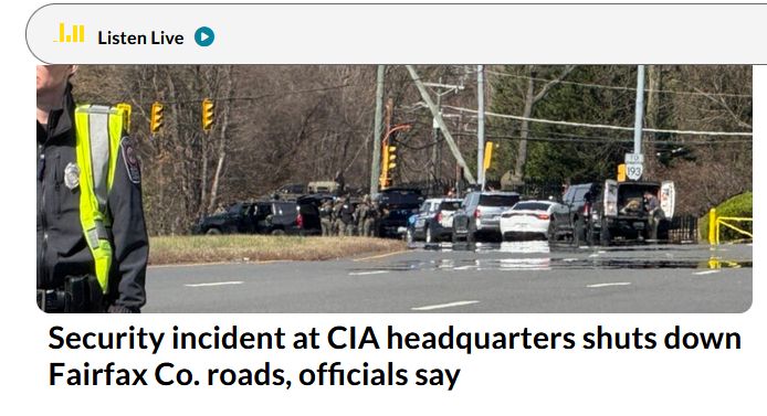 Blocked off roads; headline reads, "Security incident at CIA headquarters shuts down Fairfax County roads, official say"