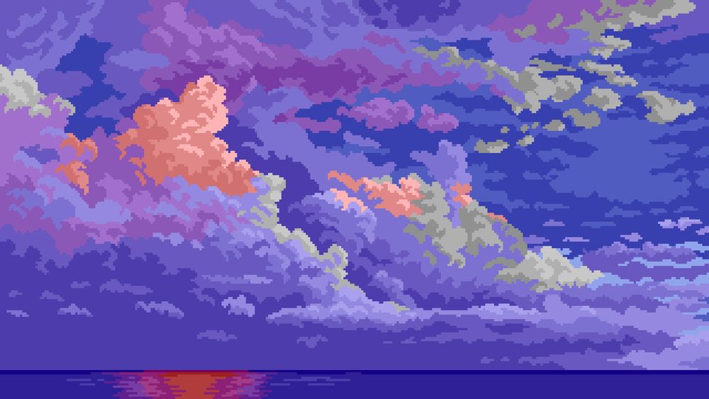 The image is a pixel art depiction of a colorful sky over the ocean. The sky is filled with clouds in various shades of purple, pink, and gray, creating a dreamy and atmospheric scene. The colors transition smoothly, giving the impression of a sunset or sunrise. The ocean at the bottom reflects some of the warm hues of the sky, particularly near the horizon, where a subtle red glow suggests the presence of the sun. The pixel art style uses a limited color palette and blocky shapes to form the clouds, giving the image a nostalgic, retro video game aesthetic.