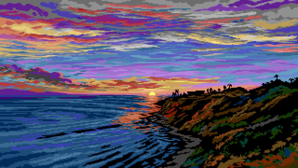 It’s a pixel art seascape at sunset, with a vibrant, layered sky full of purples, pinks, oranges, and blues. The sun is dipping down at the horizon line in the center, casting warm reflections across the water. A dark silhouette of coastal cliffs lines the right side, with small trees or vegetation dotting the skyline. The overall feeling is serene and atmospheric, capturing the transition of daylight to evening over the ocean.