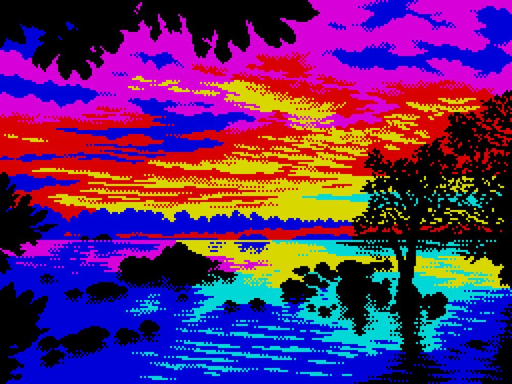 A pixel art depiction of a vibrant sunset landscape rendered in a retro, limited-color style using the ZX Spectrum computer limitations. The scene shows a peaceful ocean reflecting a colorful sky filled with clouds illuminated at dusk. Silhouetted trees and bushes frame the image, while rocks and vegetation protrude from the water, creating a serene and dreamy atmosphere. The distinct pixelated style contributes to a nostalgic, digital aesthetic.