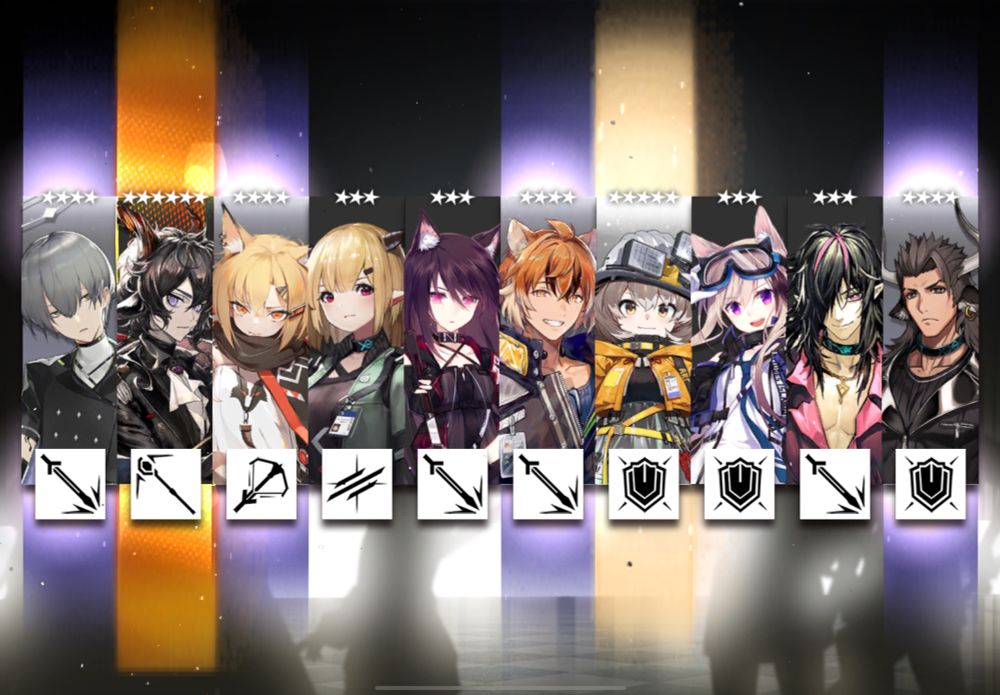 アークナイツガチャ10連結果。アレーン、エーベンホルツ、ヴァーミル、バニラ、メランサ、ウィンドスクート、セメント、カーディ、ミッドナイト、マッターホルン。