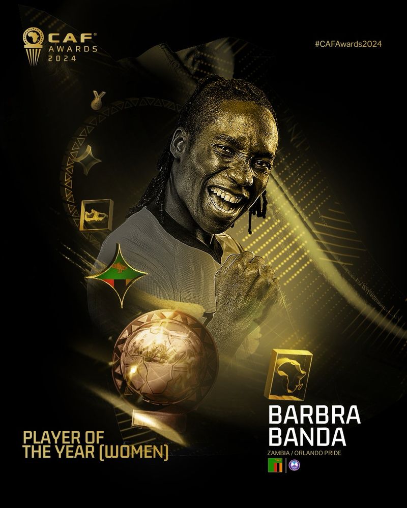 A black and yellow graphic showing Barba Banda with text saying Barbra Branda Zambia/Orlando Pride Player of the Year (Women)