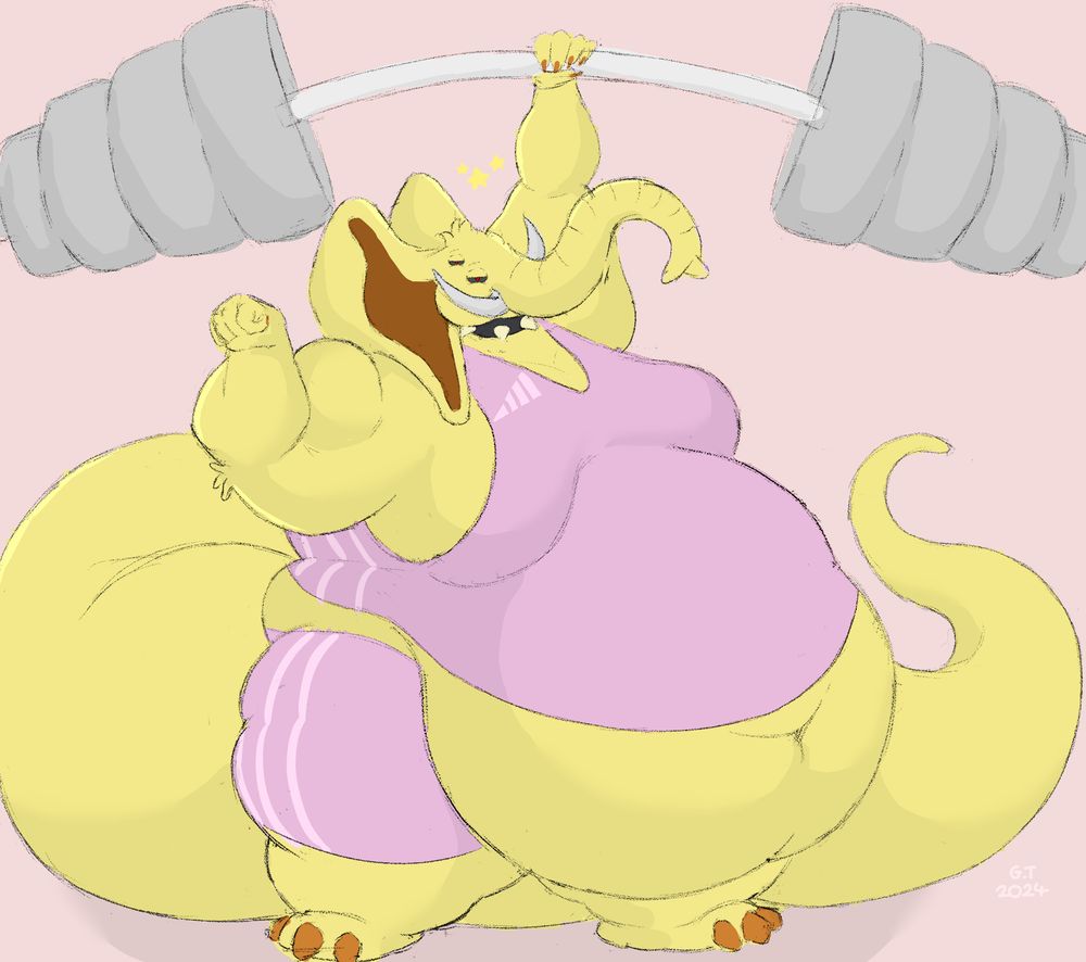 Huge and fat yellow Elephant wearing a pink tanktop and shorts, lifting a single powerlifting bar with one arm and flexing with the other! 
