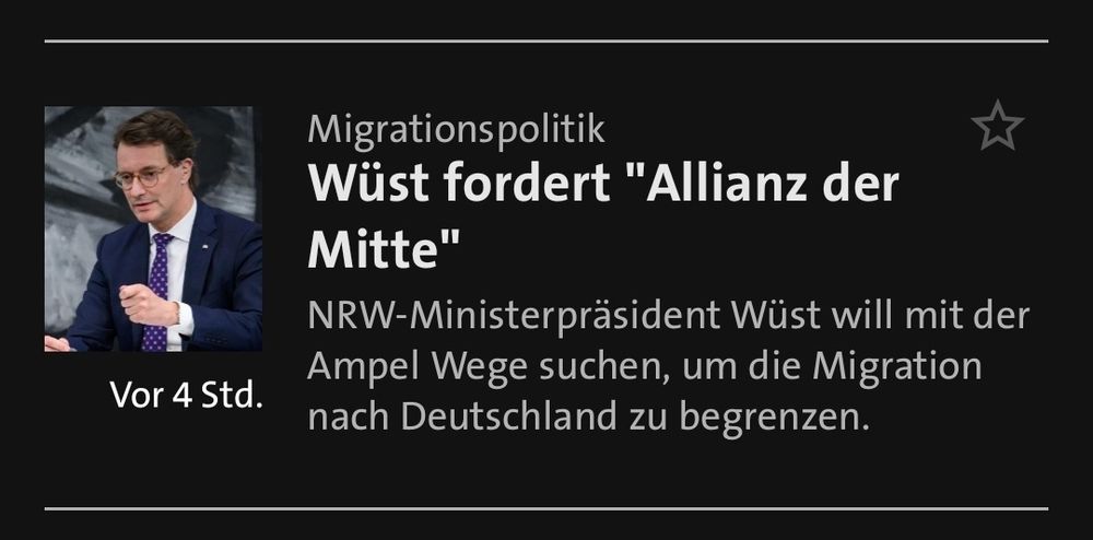 Ausschnitt eines Nachrichtenfeeds mit einem Foto von NRW-Ministerpräsident Wüst und dem Verweis auf seine Forderung nach einer sogenannten Allianz der Mitte zur Durchsetzung der Begrenzung von Migration nach Deutschland
