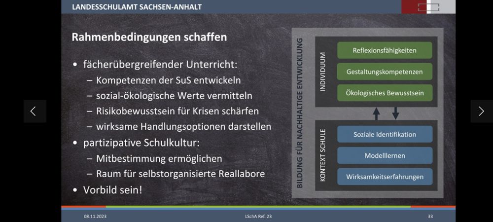 Übersicht über den Rahmenbedingungen für Nachhaltigkeitsbildung in der Schule aus der psychologischen Perspektive. Schwepunkte sind fächerübergreifender Unterricht, eine partizipative Schulkultur und die Vorbildwirkung der Lehrkräfte.