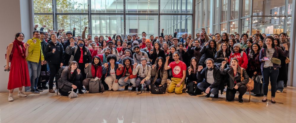 A group photo of Times Tech Guild members in the lobby of The New York Times building in Midtown Manhattan, taken on Monday, November 12th, 2024 as the unit returned to work after an eight-day unfair labor practice strike.