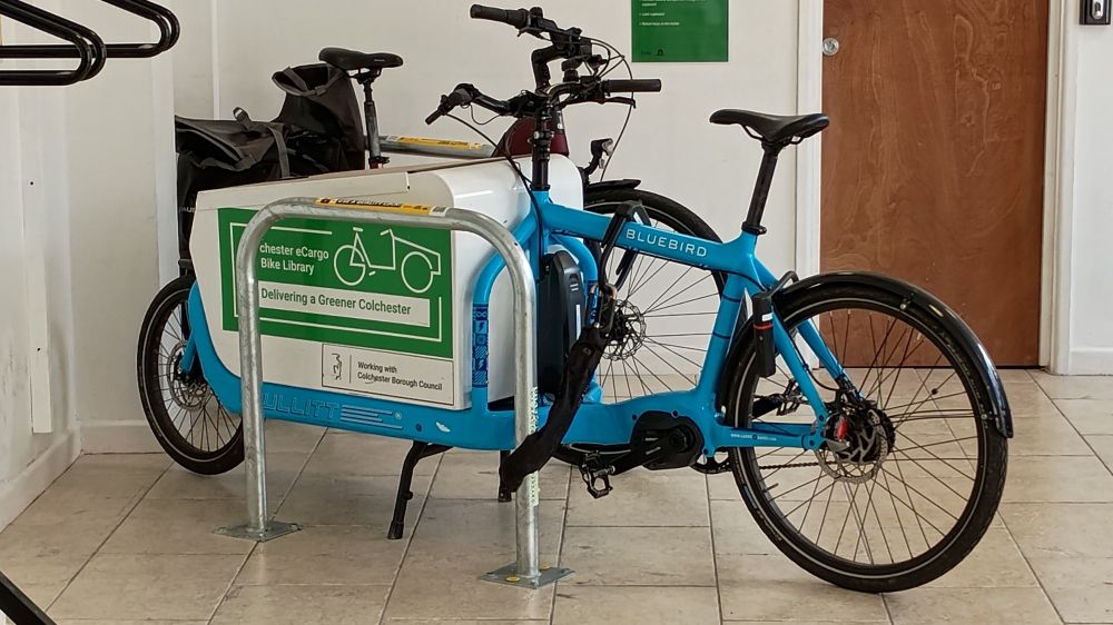 Nice blue Bullitt Bluebird parked at Spokesafe. Part of the eCargo bike library courtesy of Colchester Council. 