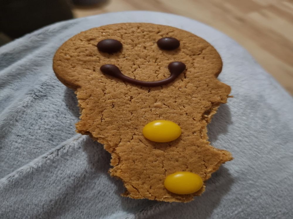A gingerbread man is tortured, his limbs removed one by one by a hormonal and ouchie space bunny, just to leave him sentient enough to understand what's going to happen next.