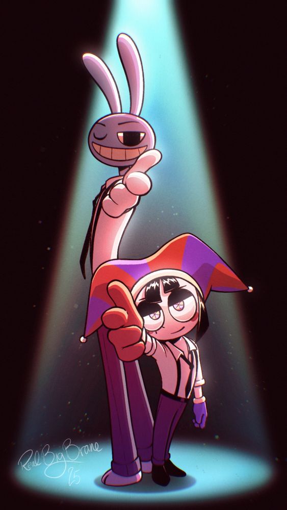 digital art of jax and pomni in their bar outfits standing back to back pointing finger guns at the viewer. they are under a spotlight against a black background. 