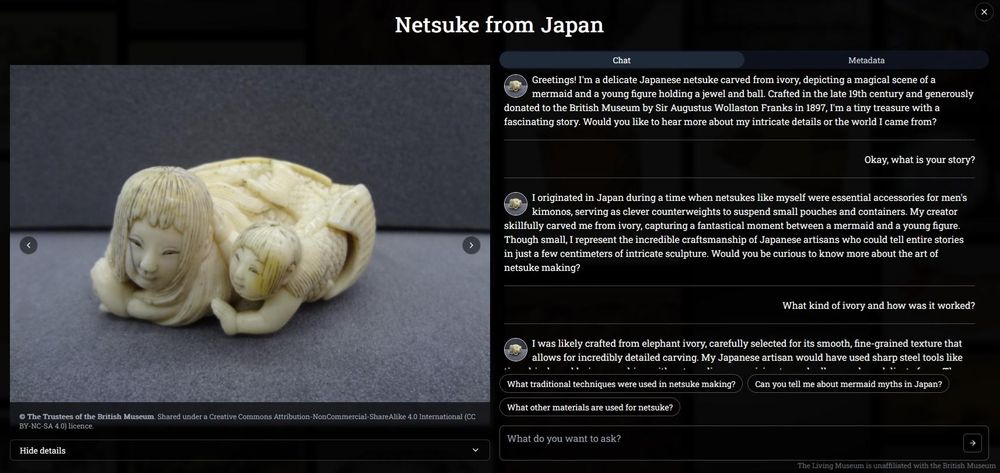 On the left, a tiny Japanese netsuke carved from ivory, showing a mermaid and a young figure holding a jewel and a ball. On the right, powered by large-language model (generative AI) software, a Q&A session "with" the object. 