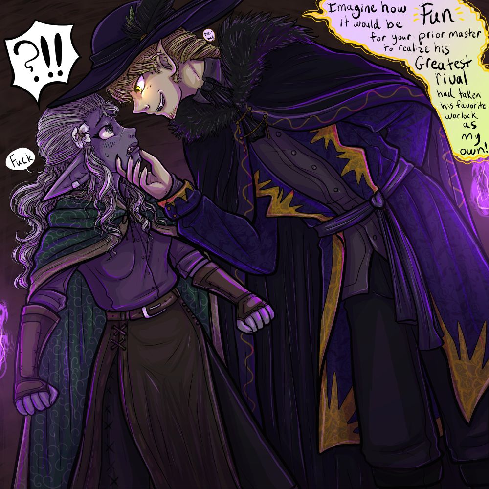 A fully-rendered illustration of a changeling prince suggesting that he'd like to steal an elven warlock from her old patron as a prank. She is not enthused by the idea.