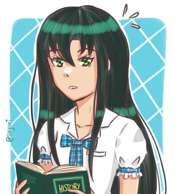 Digital bust-up drawing in anime style of my OC Sayuri wearing her school uniform and holding a book titled "History". Her expression is like she read something complicated, but finally understood the context. 