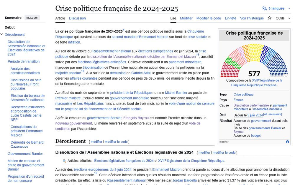 Capture d'écran partielle de l'article de Wikipédia "Crise politique française de 2024-2025"