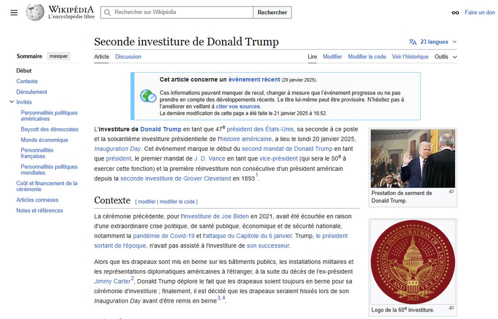 Début de l'article de Wikipédia en français sur la seconde investiture de Donald Trump le 20 janvier 2025