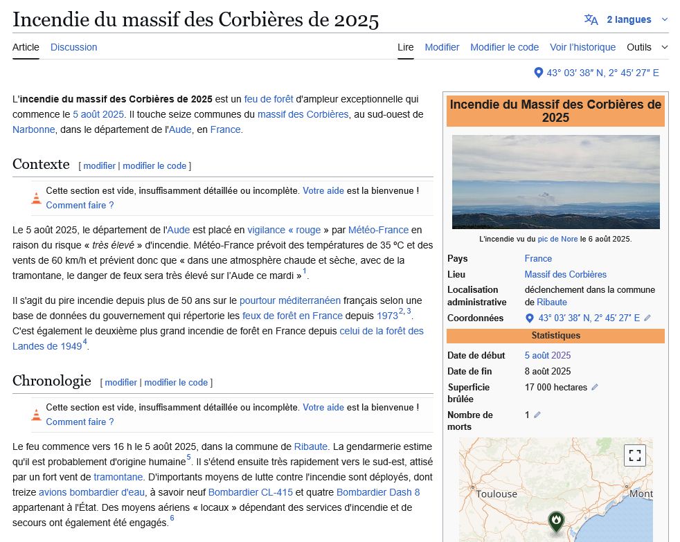 Incendie du massif des Corbières de 2025: capture d'écran du début de l'article de Wikipédia en français