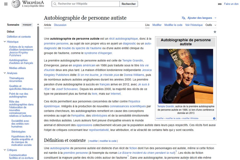 Article de Wikipédia (capture d'écran du début de la page): Autobiographie de personne autiste