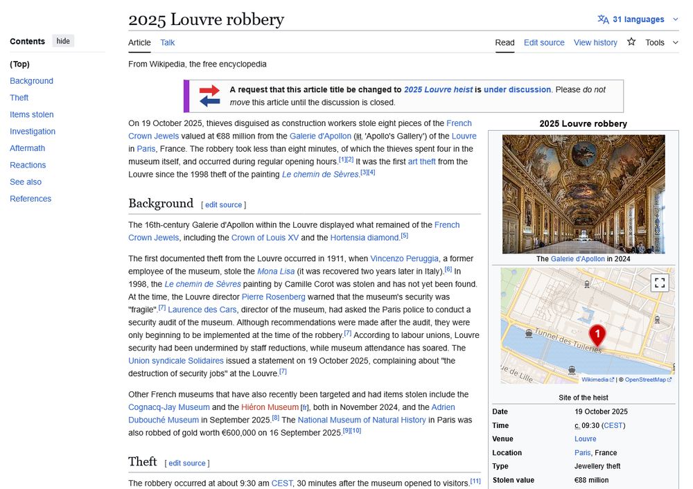 2025 Louvre robbery : capture d'écran de l'article de Wikipédia en anglais sur le cambriolage du Louvre, vue partielle