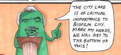 Actor Brian Cox as the fictional, bacterial Mayor in the Toximop comic book by Avril Smart