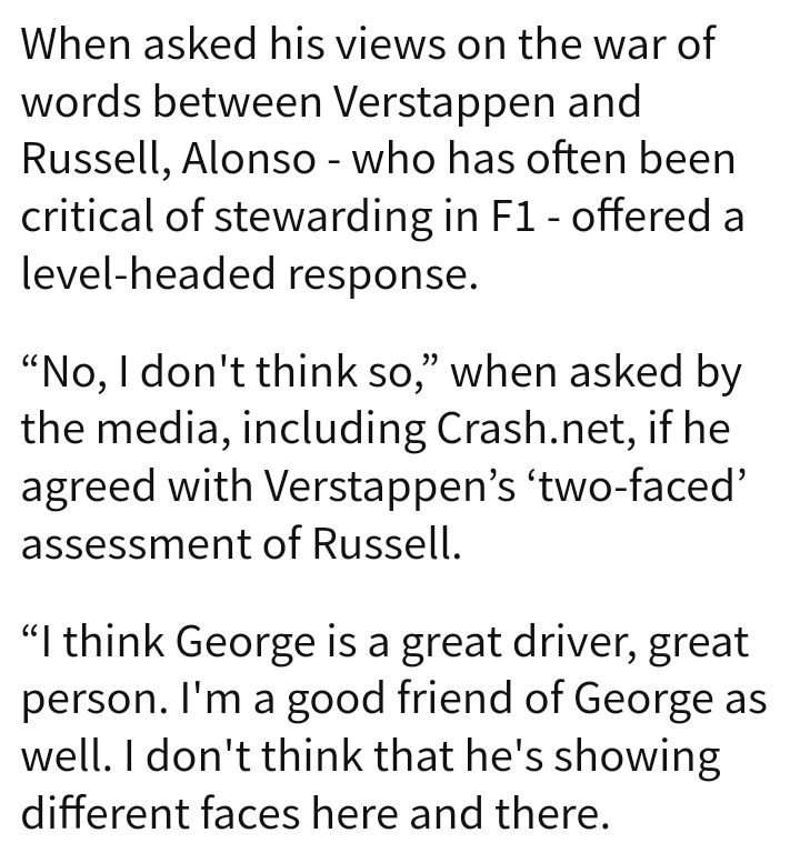 A screenshot of an article quoting Fernando Alonso on the disagreement between George Russell and Max Verstappen 