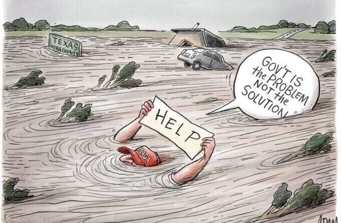 cartoon w/person in Texas w/MAGA hat hold sign says HELP and speech bubble 