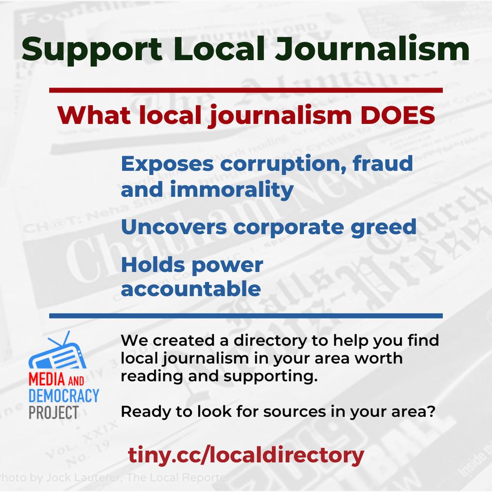 For: Support Local Journalism: Polarization Graphic


Support Local Journalism 

How does local journalism strengthen democracy? Less Polarization More Voting More Attention from Representatives 

We created a directory to help you find  local journalism in your area worth reading and supporting. 

Ready to look for sources in your area?
tiny.cc/localdirectory 

MEDIA AND DEMOCRACY PROJECT  logo
