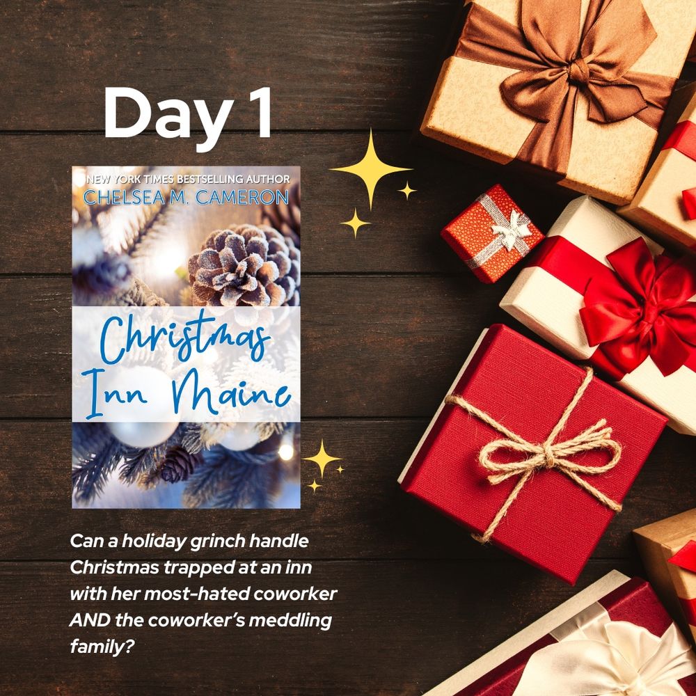 Image of the cover of Christmas Inn Maine by Chelsea M Cameron and the text can a holiday grinch handle Christmas trapped at an inn with her most-hated coworker AND the coworker’s meddling family? 