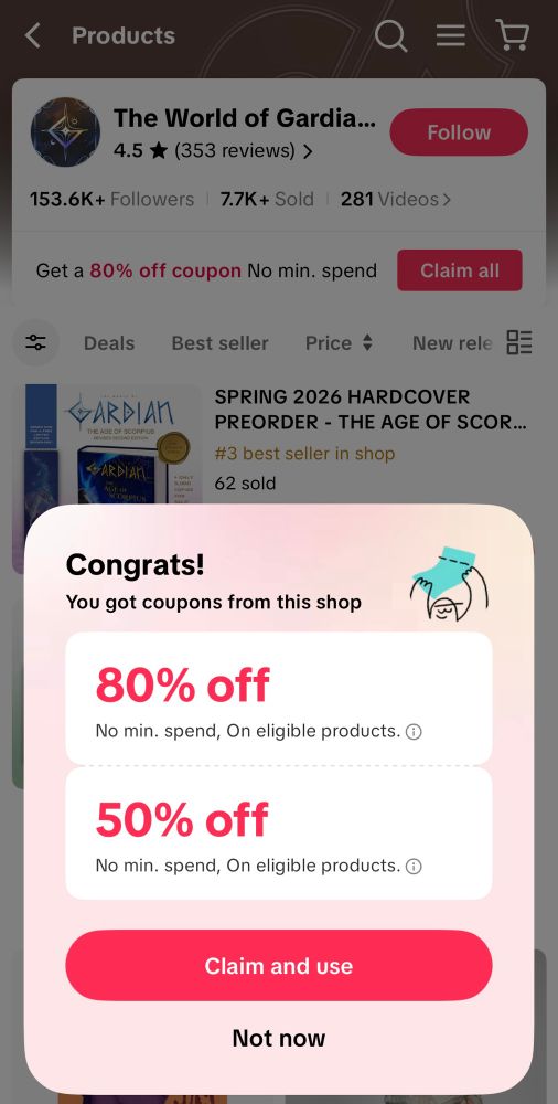 Congrats!
You got coupons from this shop
80% off
No min. spend, On eligible products. 0
50% off
No min. spend, On eligible products. O
Claim and use
Screen shot from Audra Winter’s TikTok shop