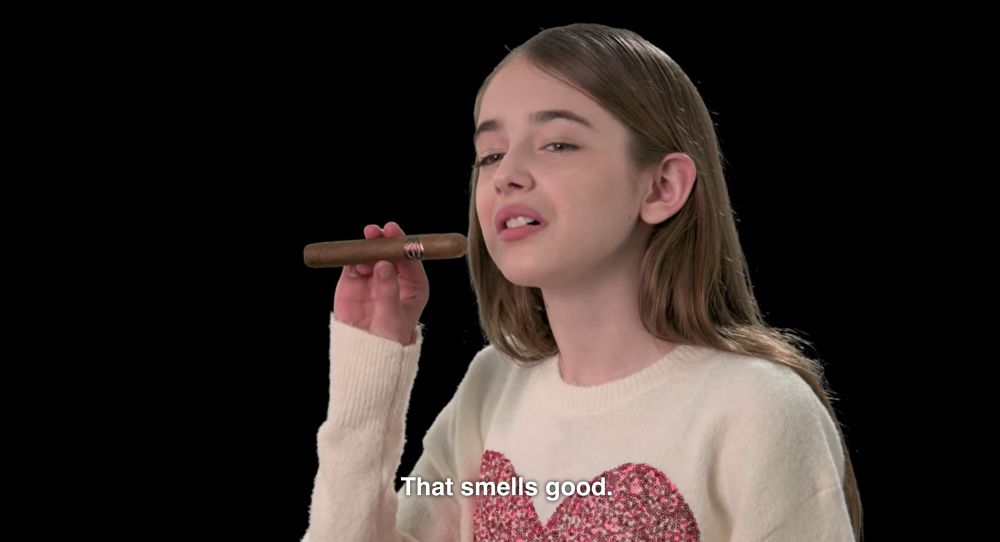 A little girl holding a cigar in front of her nose and saying “that smells good.” From the Tammy Craps Doll skit on I Think You Should Leave. The little girl is Julia Butters, who plays Harper in Freakier Friday. 