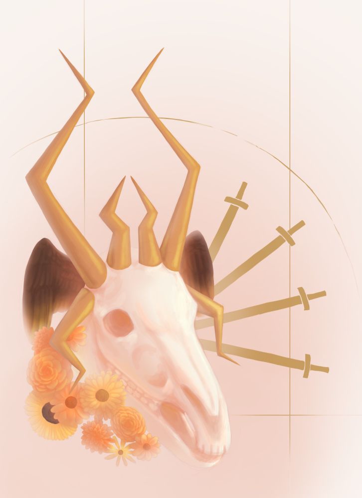painting of a horse skull with three pairs of jagged horns and a small pair of wings in the background, there are flowers on one side and four swords on the other
