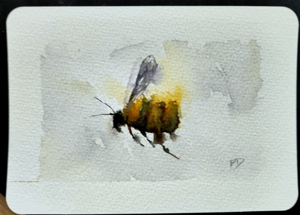 A small, impressionistic watercolour painting of a bee