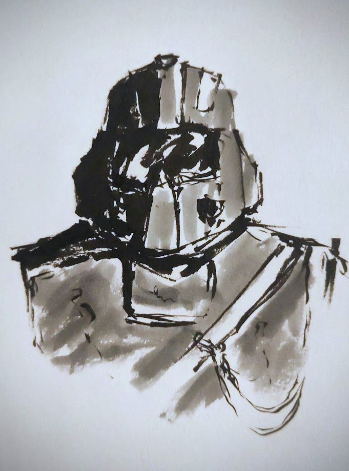 An ink sketch of a figure in a military helmet and armour
