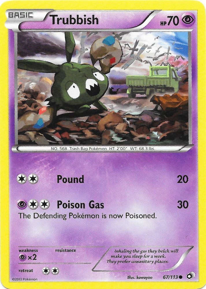 Card artwork of the pokemon trubbish, a small green trash bag monster looking sad in a garbage dump