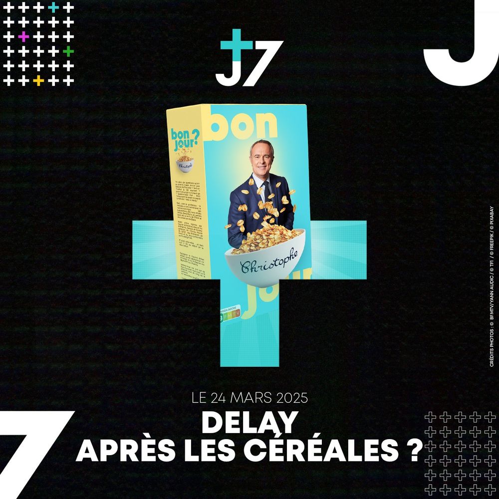 Pochette de l'épisode du 24/03/2025 "Delay après les céréales ?". On y voit une boite de céréales, reprenant les codes graphiques de l'émission "Bonjour ! La matinale de TF1", avec l'animateur Christophe Delay mis en avant sur le devant de la boîte, dans un bol de corn flakes.
Crédits Photos : ©  BFMTV/Yann Audic / © TF1  / © Freepik / © Pixabay