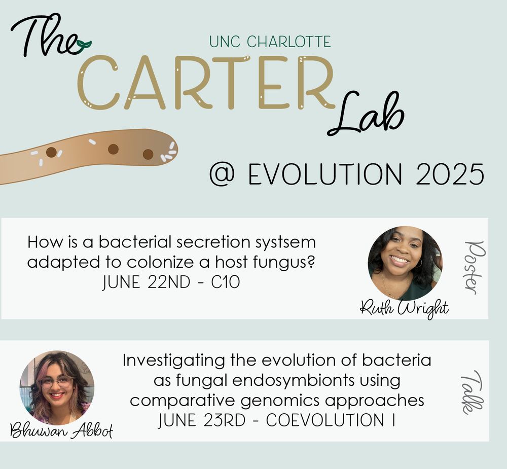 Flyer showing the carter lab from UNC Charlotte at evolution 2025. Bhuwan Abbot is presenting a talk on endofungal bacterial comparative genomics on june 23rd in the coevolution I session and Ruth Wright is presenting a poster on bacterial secretion at poster C10 on June 22nd