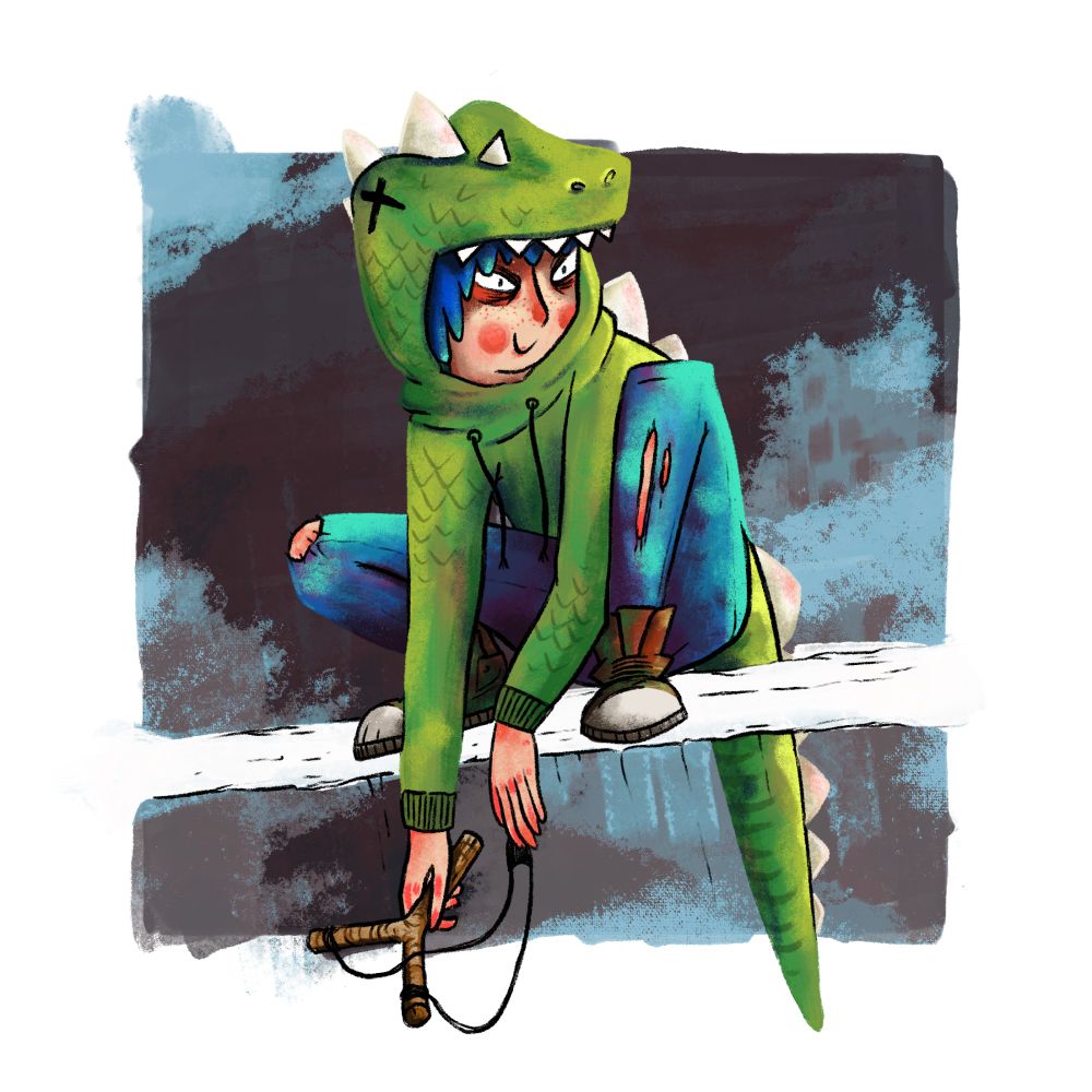 Digital Artwork - Crayon, ein chaotischer Junge, mit Dinopulli und Steinschleuder, hockt auf den Dächern der Stadt und sucht sich ein Opfer. 