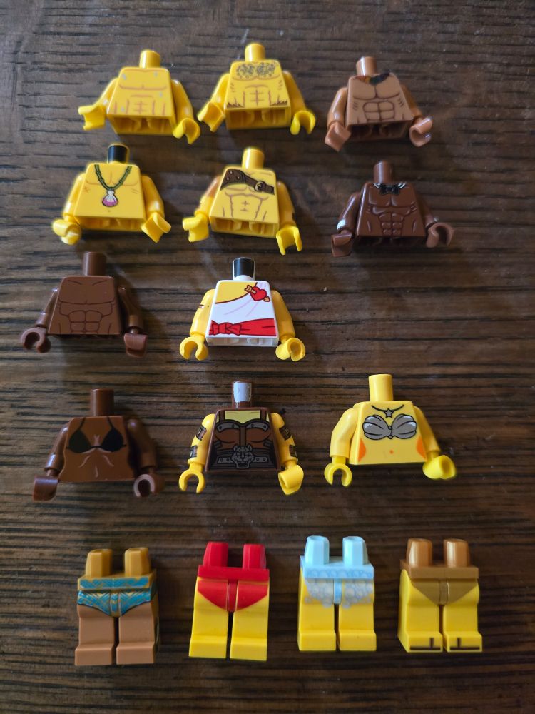 Photo of several minifig torsos in various colors w/ bare chests, bikini tops & leather corsets along w/ several legs w/ various bikini bottoms. One pair of legs w/ only bubbles..lol.