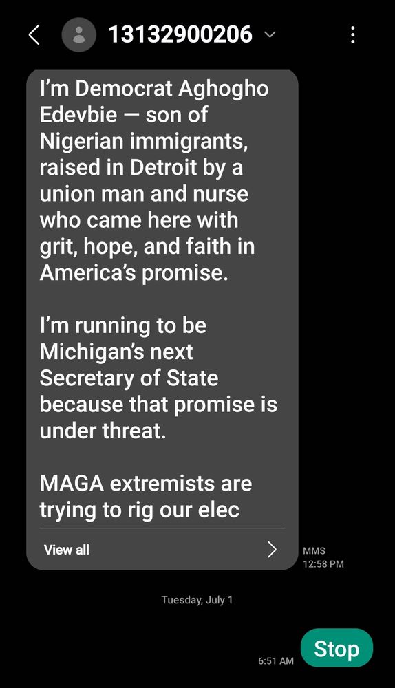 Screenshot of text msg where I replied with Stop