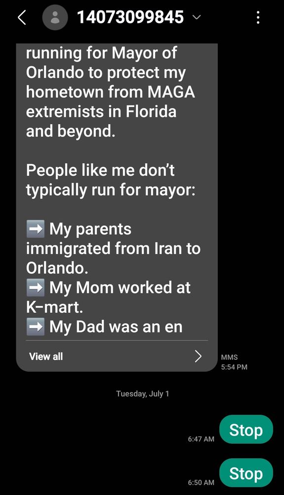 Screenshot of text msg where I replied with Stop