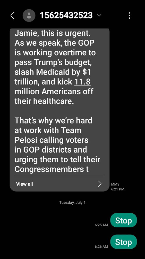 Screenshot of text msg where I replied with Stop