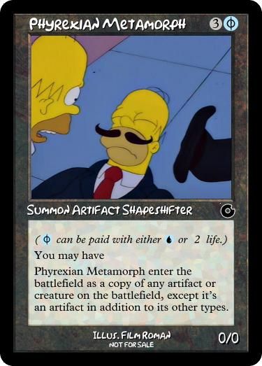 Phyrexian Metamorph but it's Homer looking at his exact double