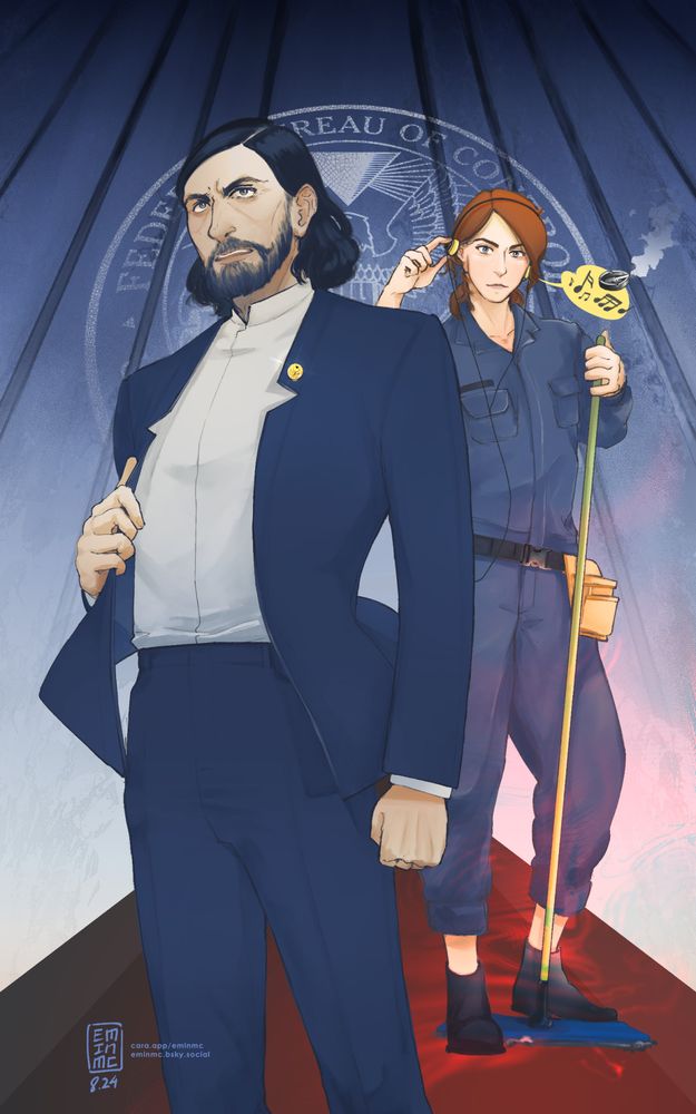 A man in blue suit stands in the front, a woman in blue janitor outfit listening to a cassette player and holding a mop stands in the back.