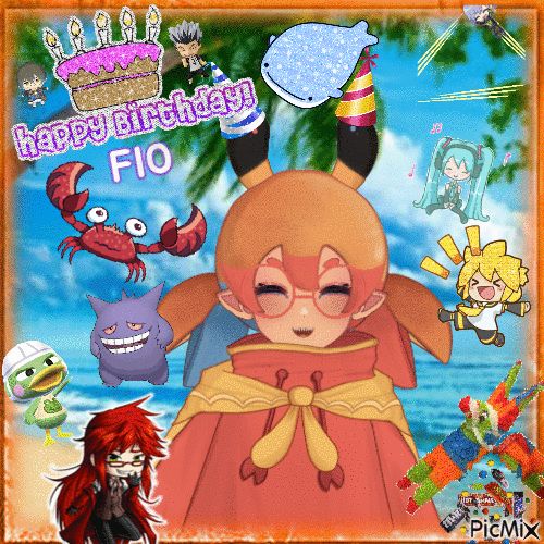 A PicMix gif of VTuber Fio Soliidae. A PNG of their model can be seen against a beach-themed background. Two birthday hats have been edited onto Fio's PNG--the left hat is white and blue striped while the right hat is magenta and yellow striped. Surrounding them is a orange, glowing border. From the top left, moving clockwise, are the following items: a tiny Ike Eveland Pape, a glittering birthday cake with pink frosting and the words "happy birthday!" underneath it with "FIO" under that, Bokuto from Haikyu!!, a whale shark, Misumi from A3!, Hatsune Miku, Kagamine Len, a pinata, Grell from Black Butler, Scoot the Duck from Animal Crossing, Gengar, and finally, a red crab.