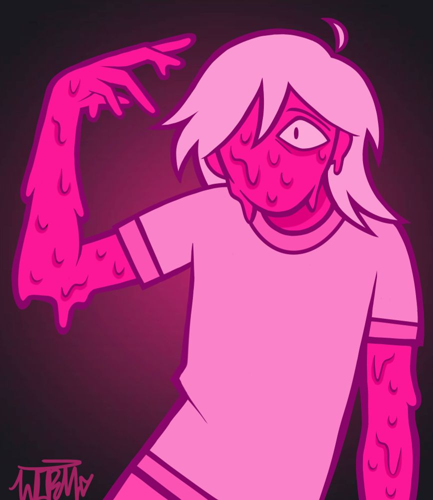 Pink slime man with his hand razed near his face he's melting 