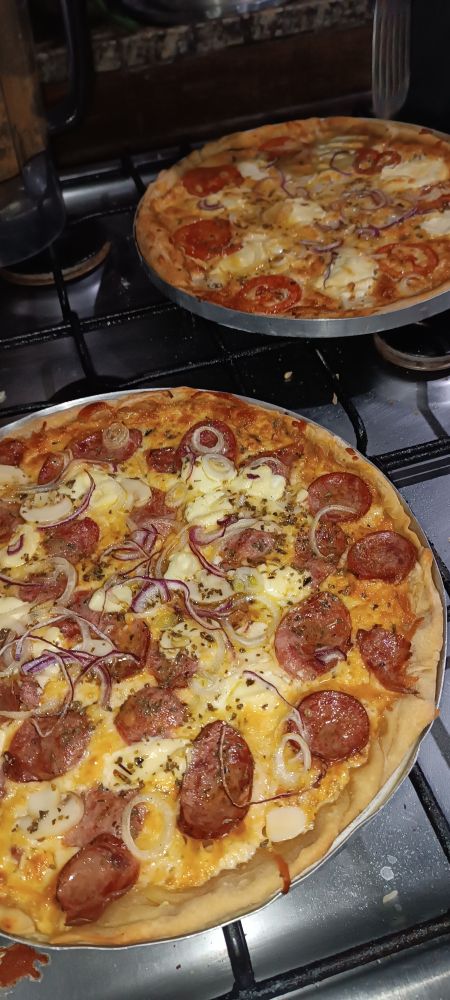 a foto são duas pizzas em cima de um fogão. a de baixo é de calabresa com cebola rocha, também tem cogumelos e catupiry. a de cima é vegetariana, portanto a calabresa foi substituída por tomate.